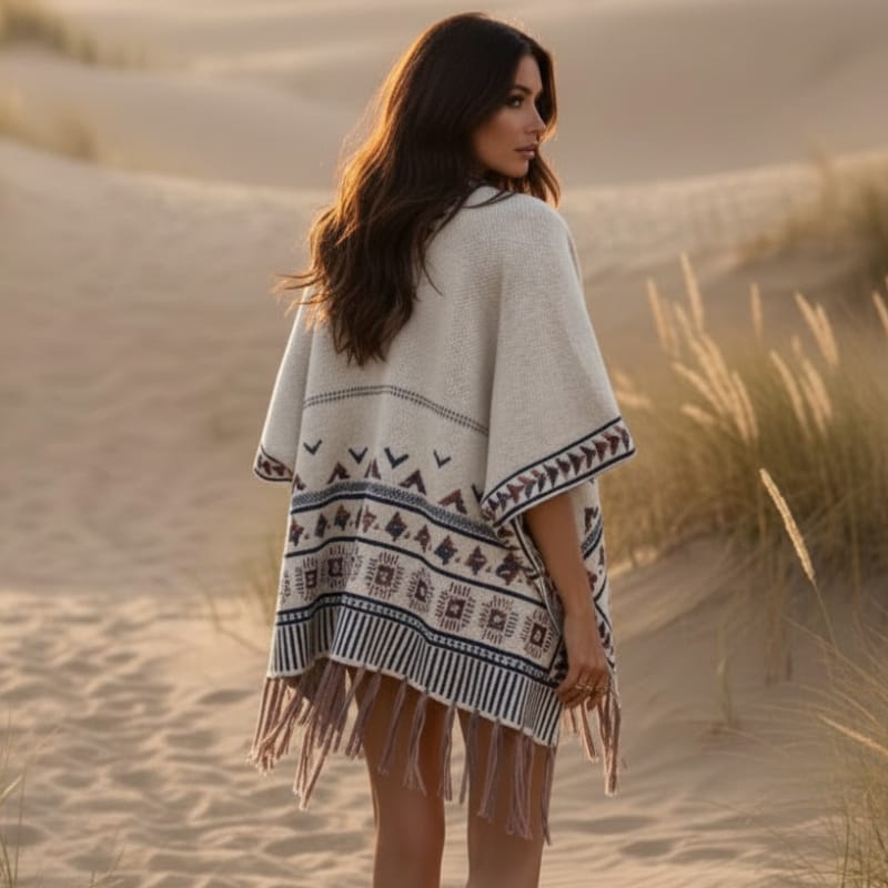 Gilet kimono bohème en maille à motifs géométriques et pompons pour femme