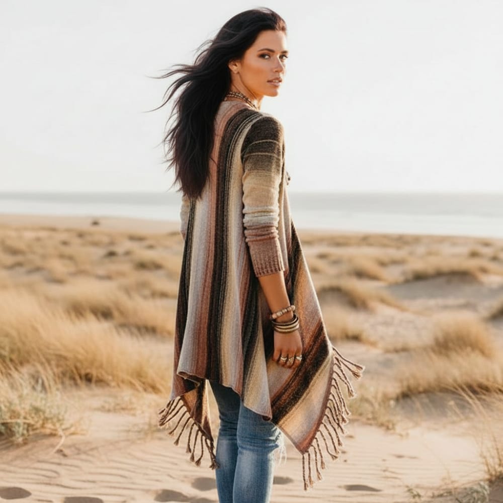 Women's Boho Fringe Wrap Cardigan with Asymmetric Hem