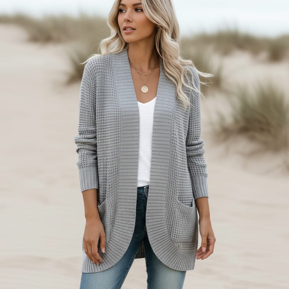 Women's Waffle Knit Open Front Pocket Cardigan