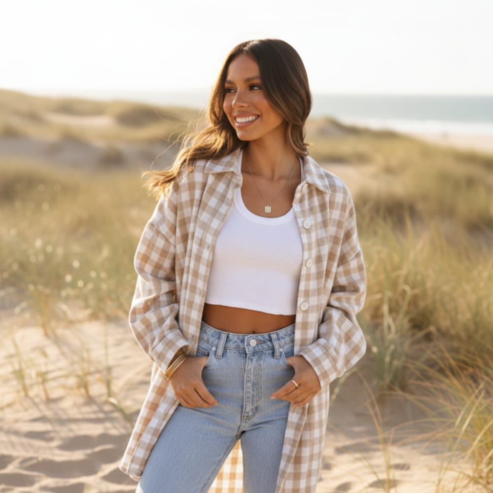 Women's Oversized Gingham Check Longline Shirt Jacket