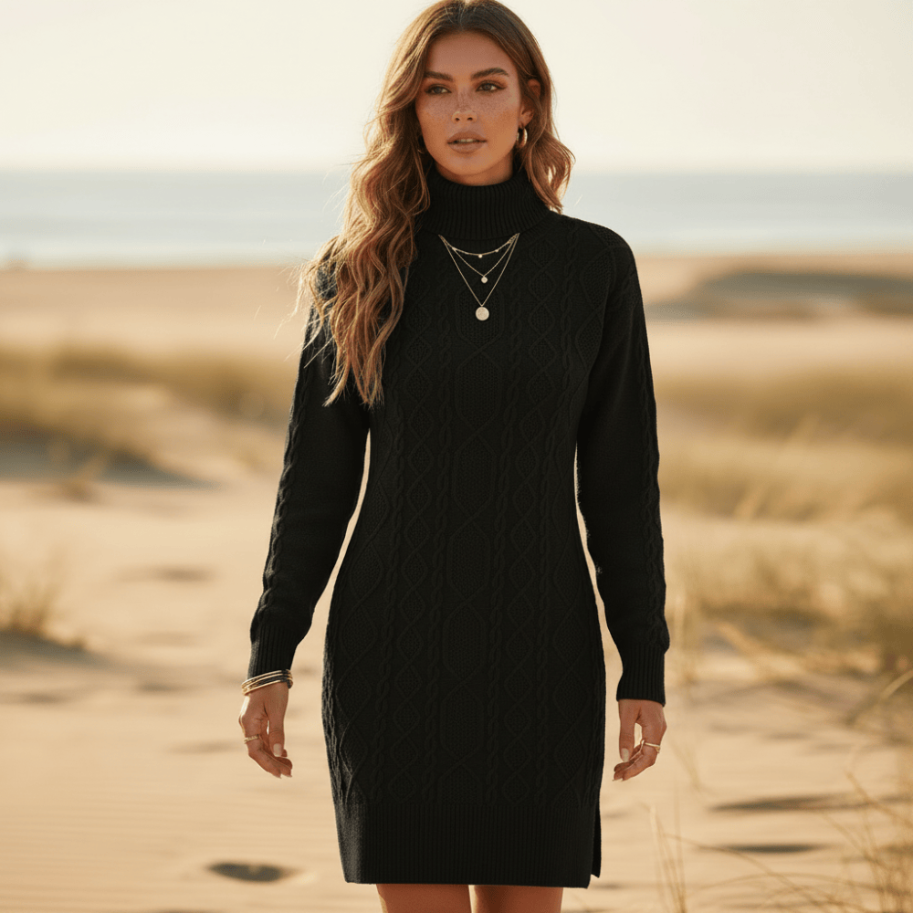 Women's Cable Knit Turtleneck Sweater Dress with Side Slit