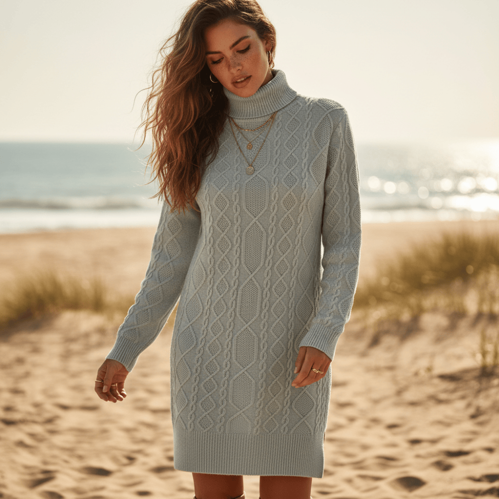 Women's Cable Knit Turtleneck Sweater Dress with Side Slit