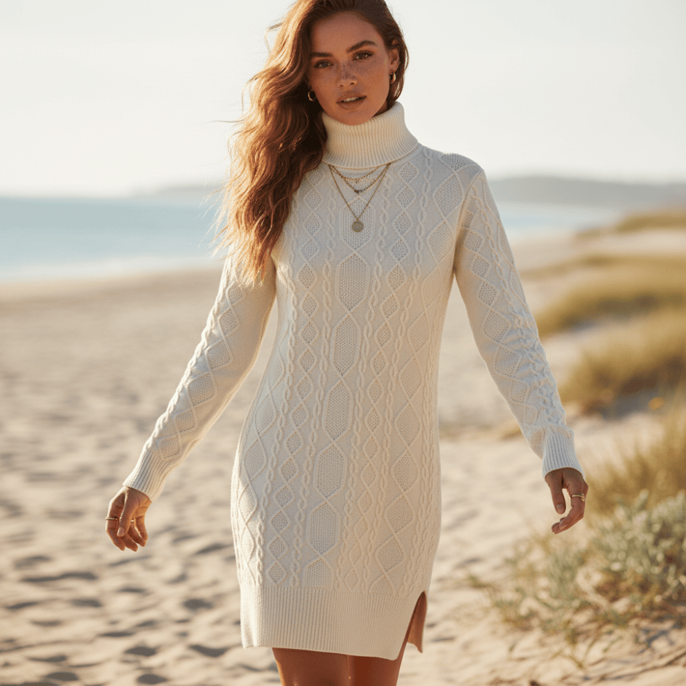 Robe-pull à col roulé en maille torsadée avec fente latérale pour femme