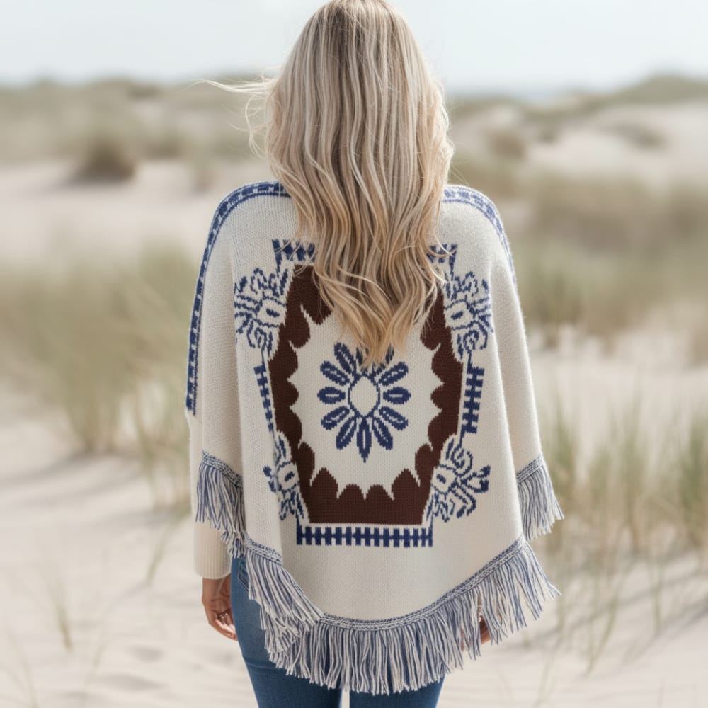 Poncho-pull bohème pour femme en maille jacquard avec bordure à franges