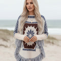Poncho-pull bohème pour femme en maille jacquard avec bordure à franges