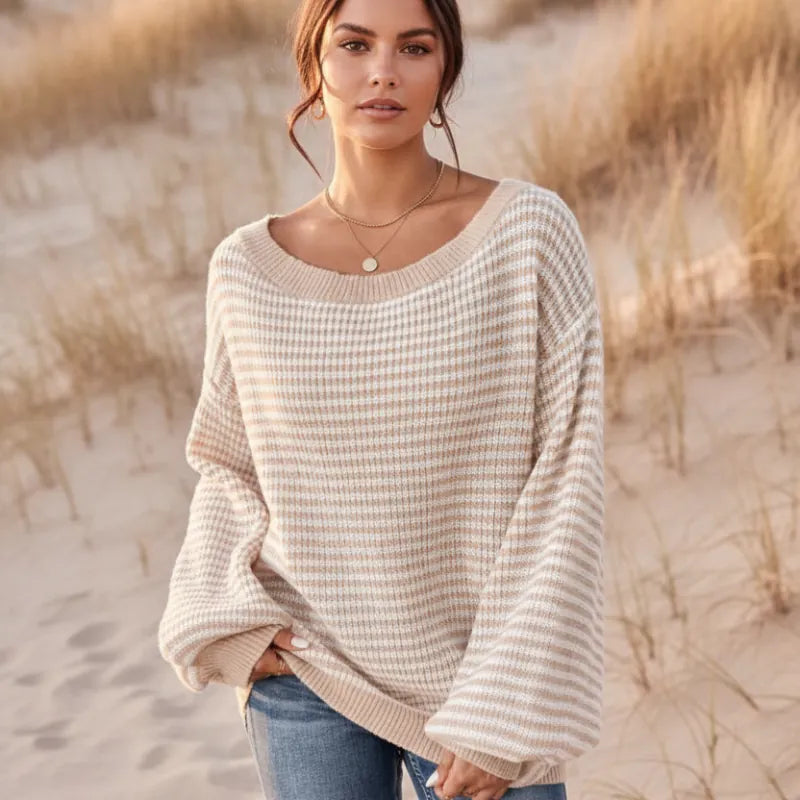 Women's striped sweater with wide off-shoulder neckline and long lantern sleeves