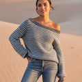 Pull pour femme rayé à encolure bateau et manches lanternes