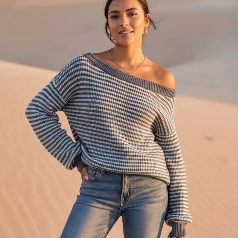 Pull pour femme rayé à encolure bateau et manches lanternes