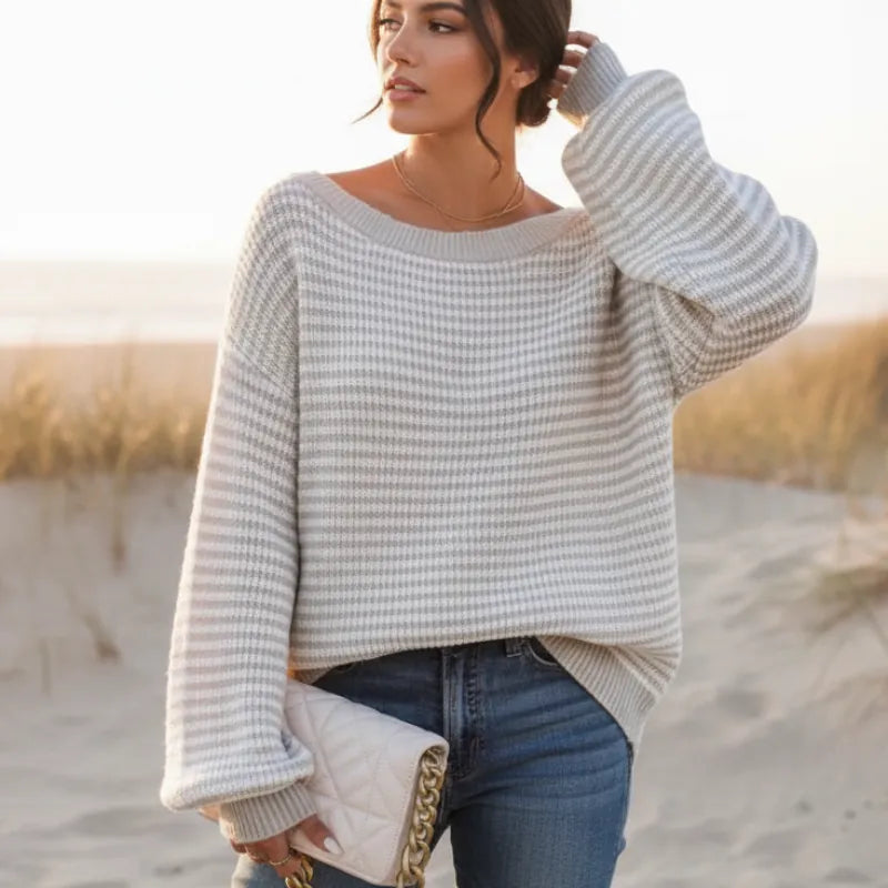 Women's striped sweater with wide off-shoulder neckline and long lantern sleeves