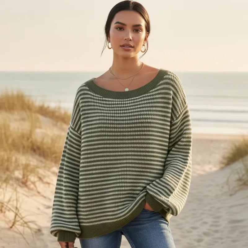 Women's striped sweater with wide off-shoulder neckline and long lantern sleeves
