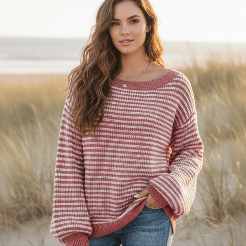 Women's striped sweater with wide off-shoulder neckline and long lantern sleeves