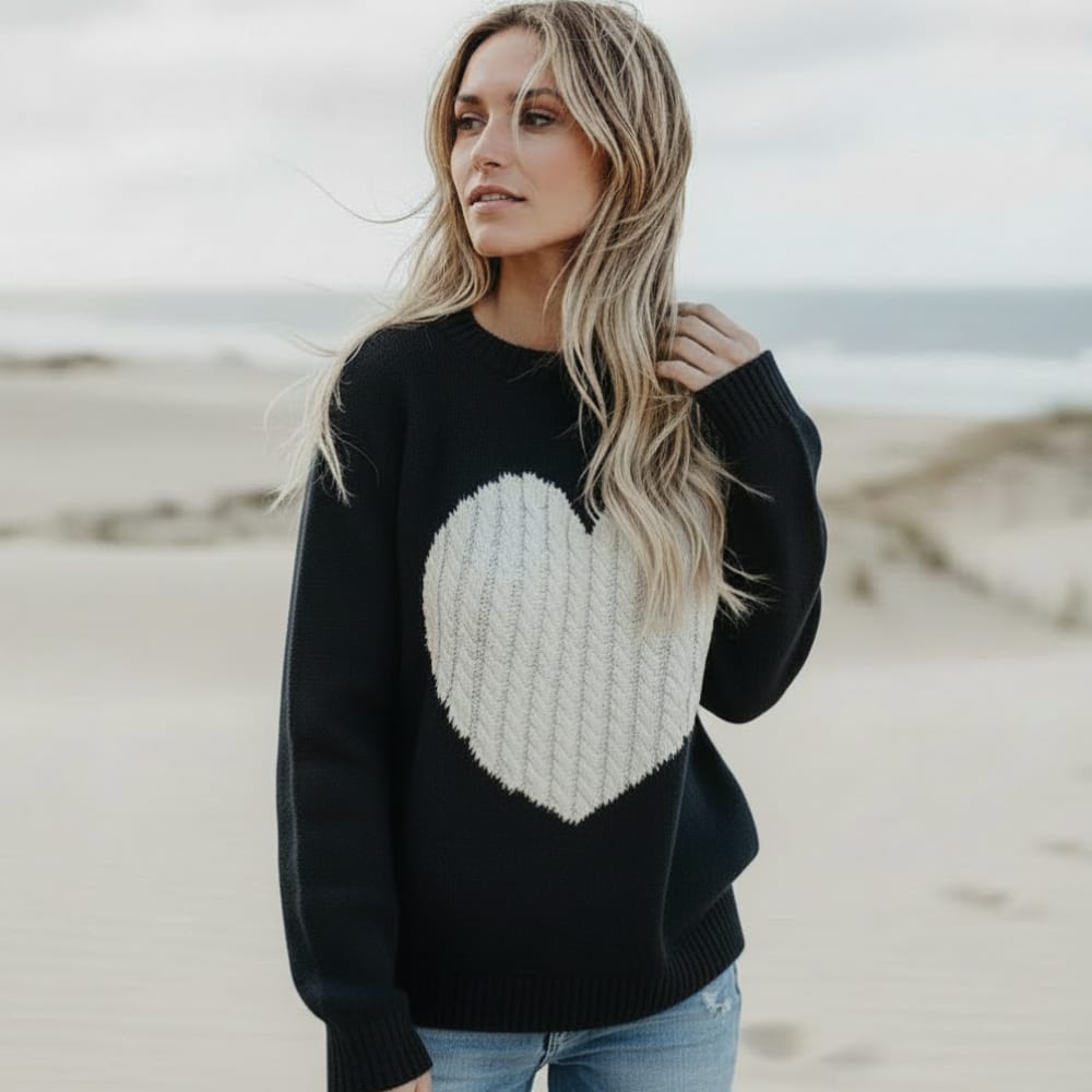 Women's Heart Patchwork Crew Neck Knit Sweater