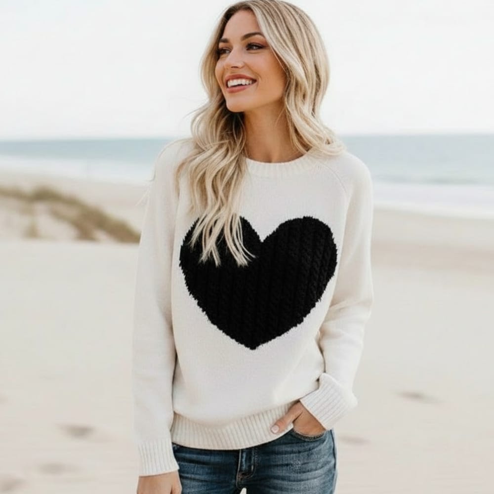 Pull en maille pour femme à col rond avec patchwork de cœurs