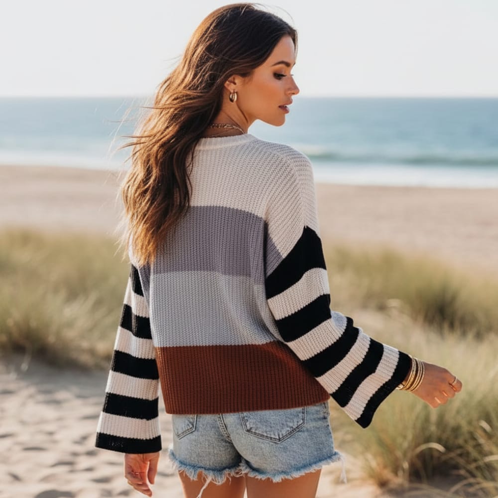 Women's Colour Block Striped Sleeve Crew Neck Jumper