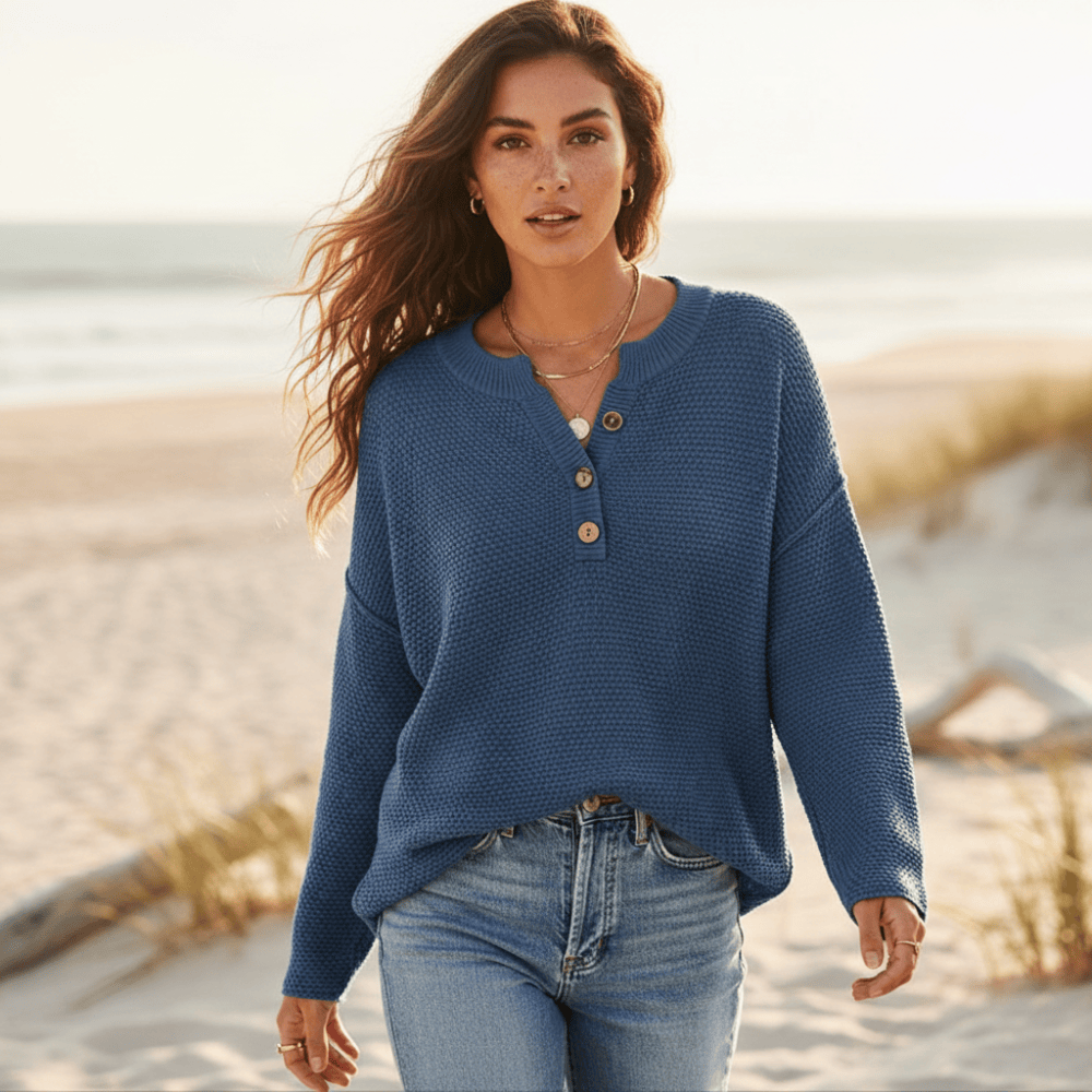 Women's textured knit henley jumper with long sleeves and side slits