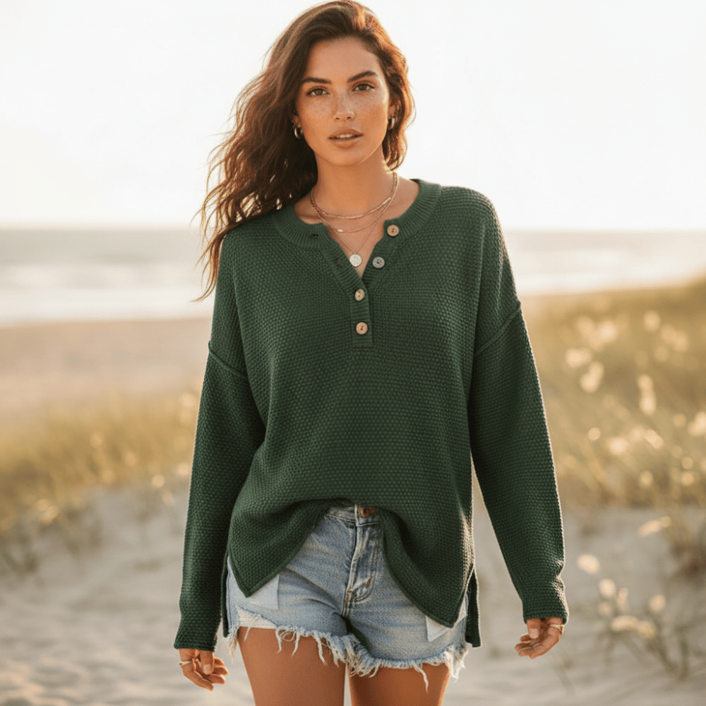 Women's textured knit henley jumper with long sleeves and side slits