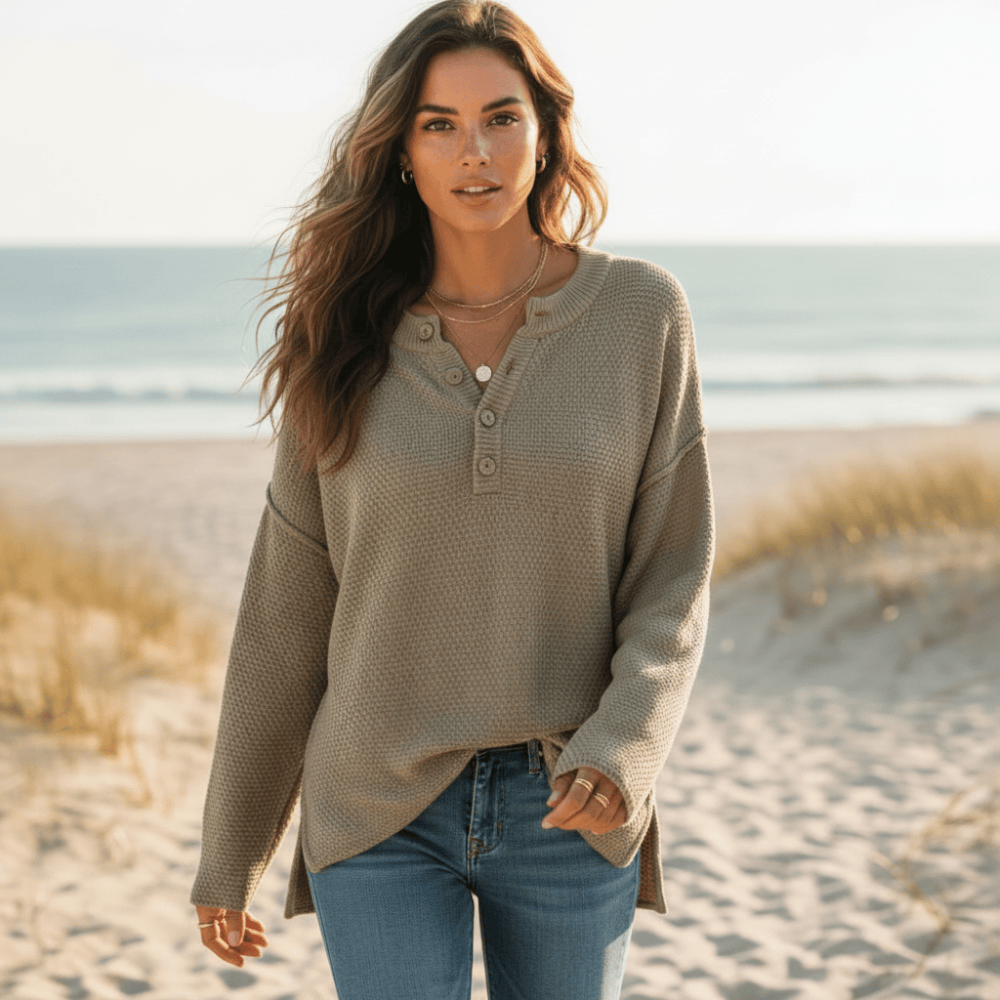 Women's textured knit henley jumper with long sleeves and side slits