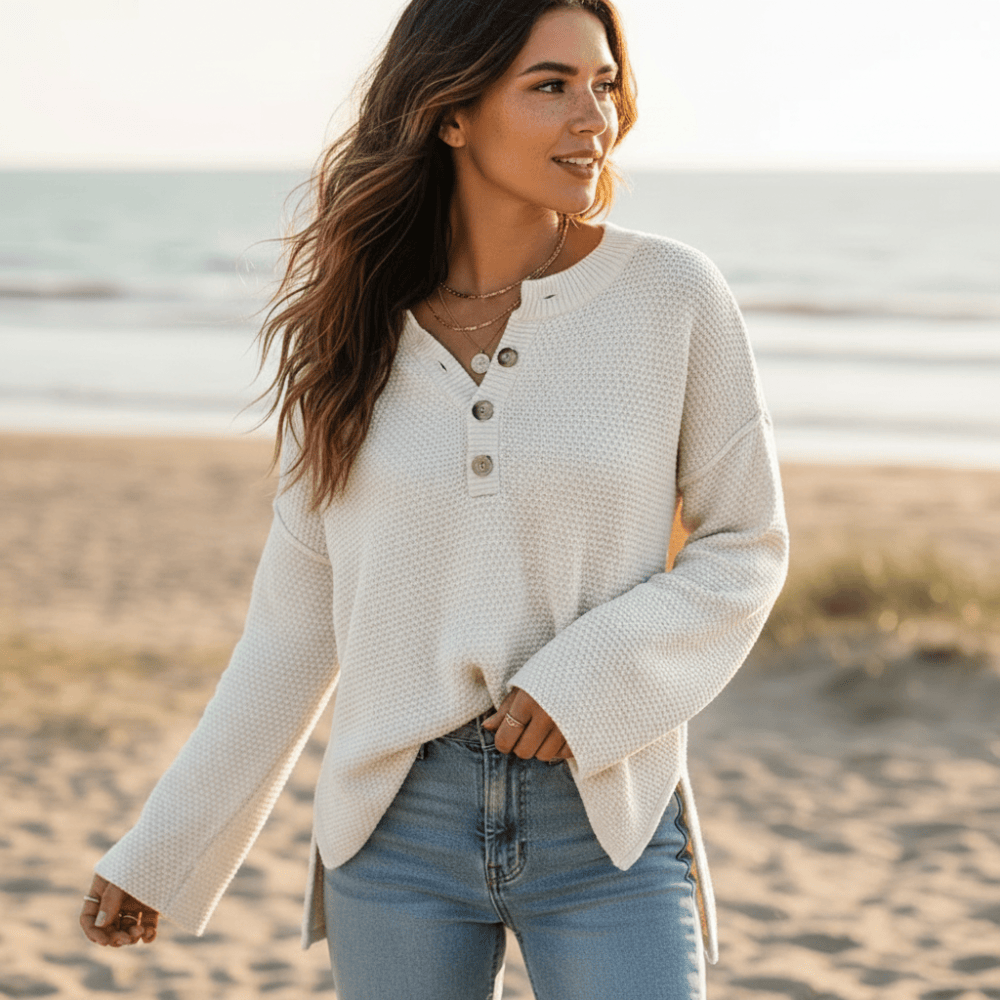 Women's Textured Knit Henley Jumper with Side Slits
