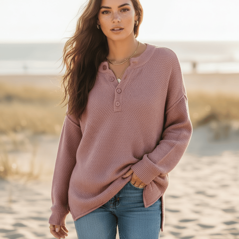 Women's textured knit henley jumper with long sleeves and side slits