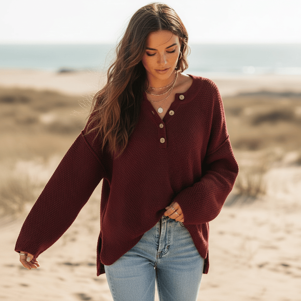 Women's textured knit henley jumper with long sleeves and side slits
