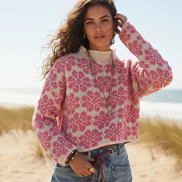 Women's Boho Floral Jacquard Cropped Knit Jumper