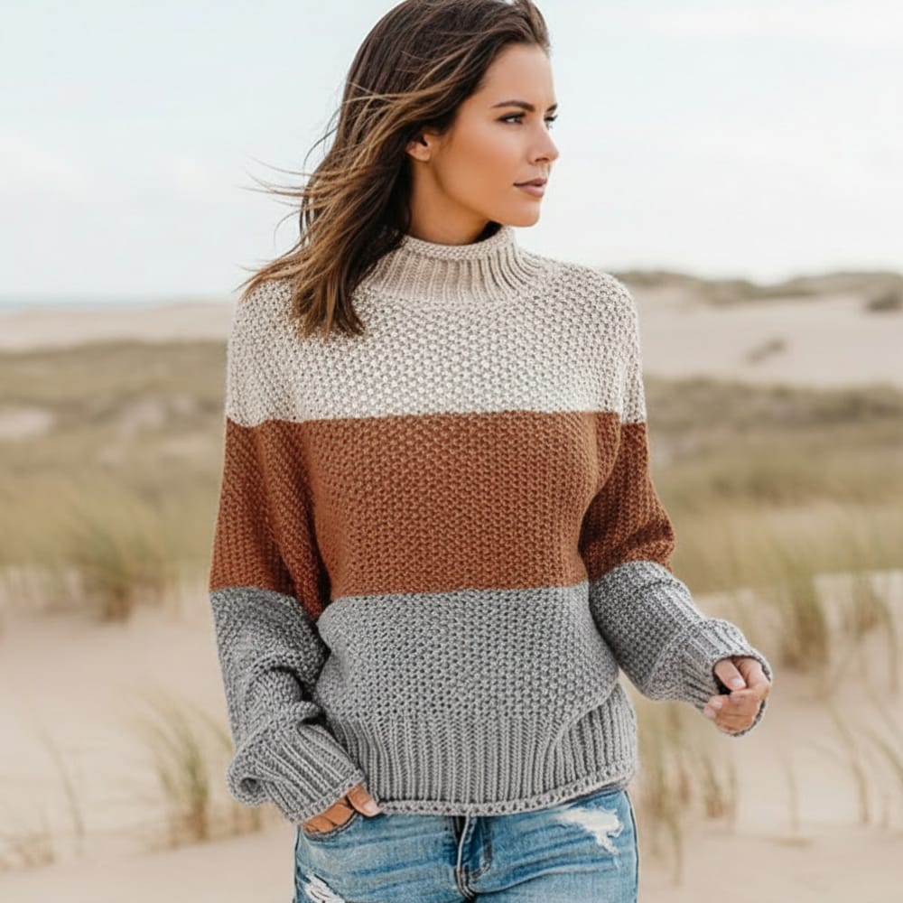 Women's Colour Block Textured Knit Mock Neck Jumper