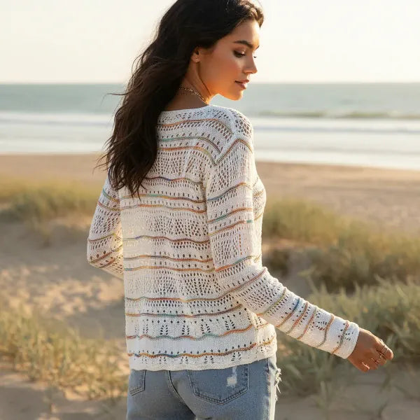 Women's Boho Striped Open Knit V-Neck Jumper