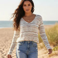 Women's Boho Striped Open Knit V-Neck Jumper
