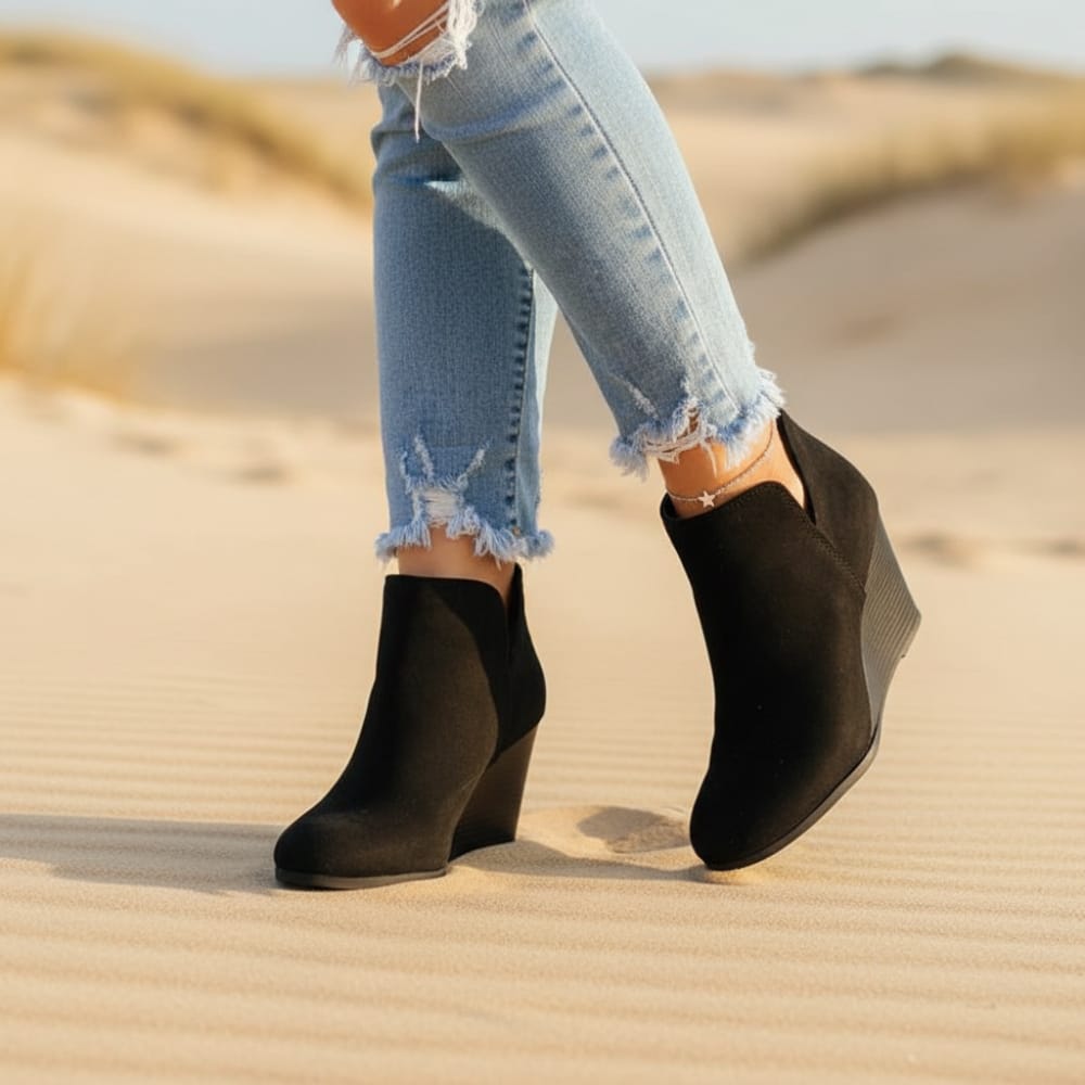 Women's Suede-Look Wedge Ankle Boots with V-Cut Design