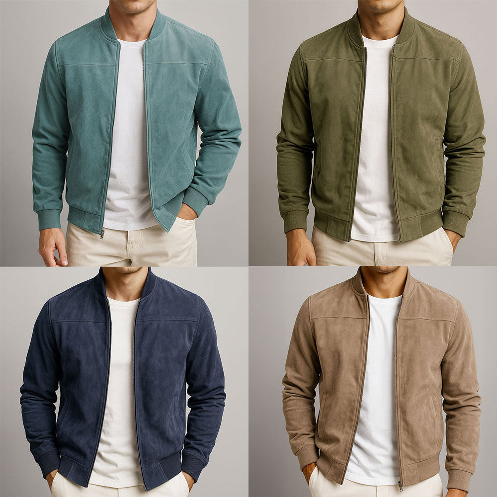 Men's solid bomber jacket with ribbed collar, zip front and angled pockets