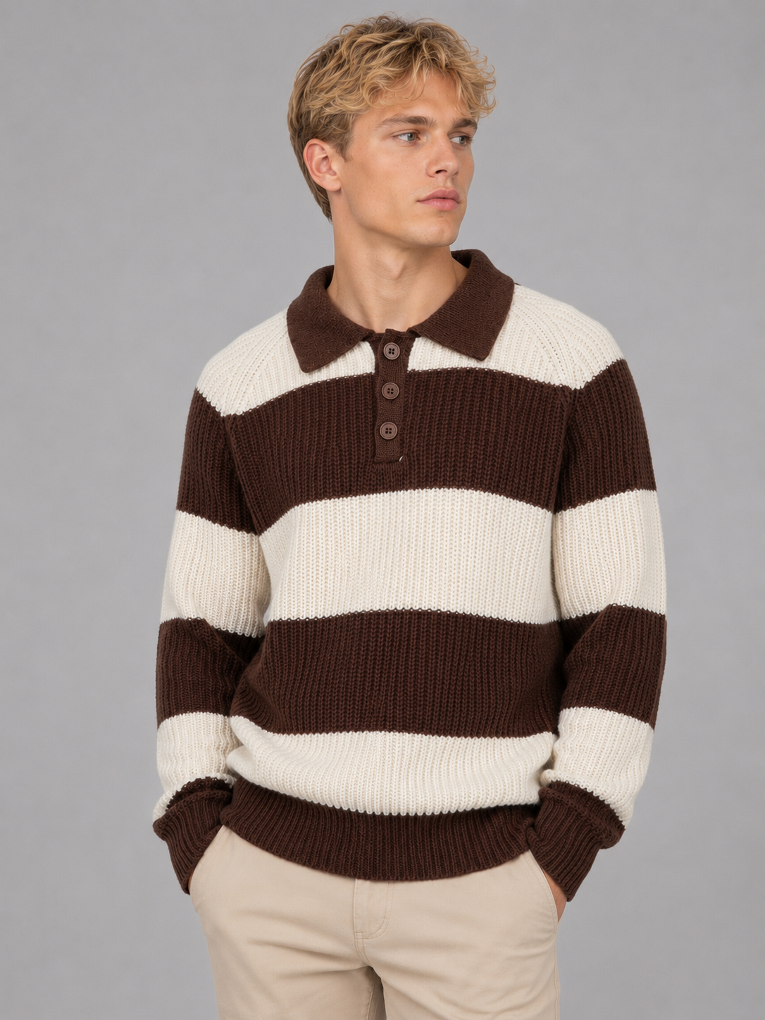 Men's brown and cream striped polo sweater with long sleeves and ribbed knit texture