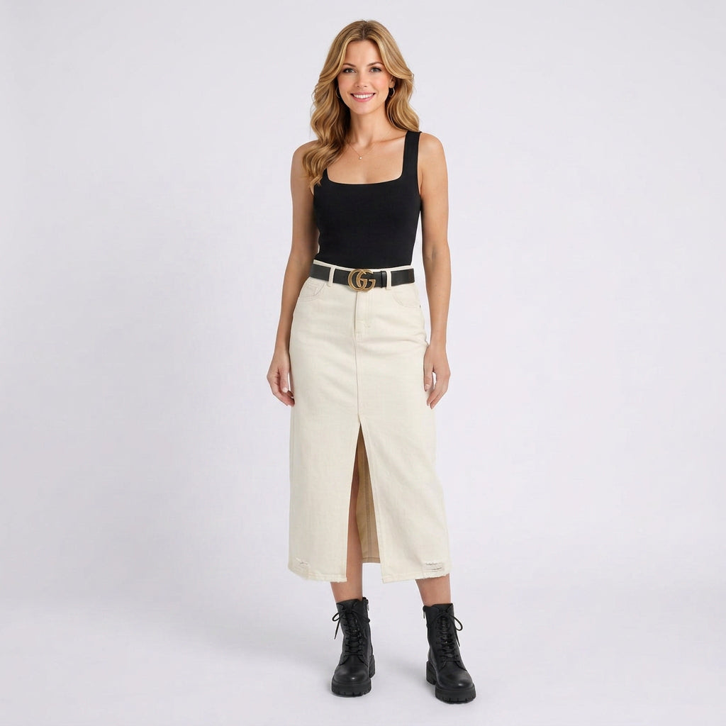 Denim Midi Skirt – High Waist Front Split Style