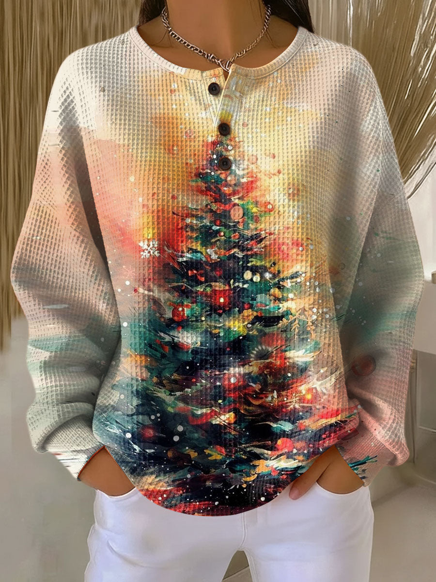 Women's Christmas Tree Print Waffle Knit Sweater