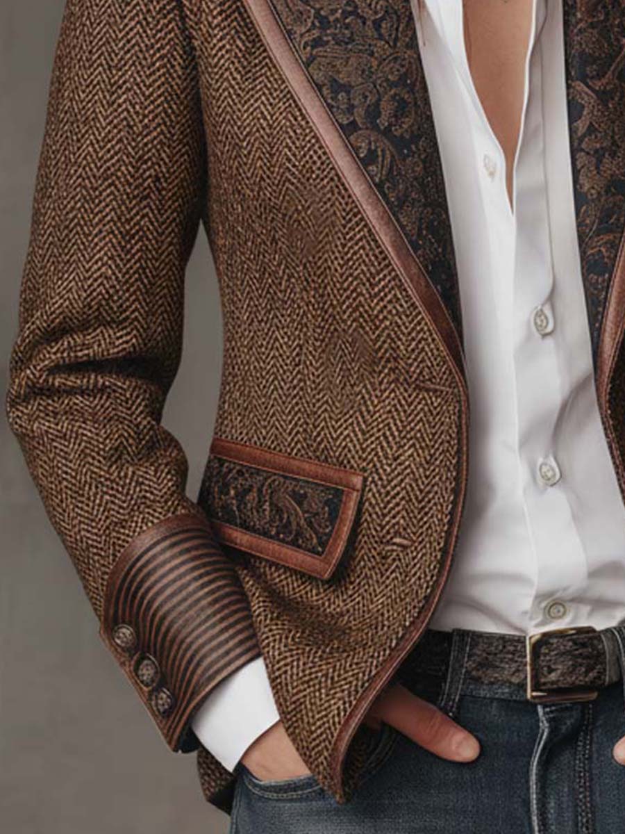 Women's Herringbone Blazer with Paisley Jacquard Lapels
