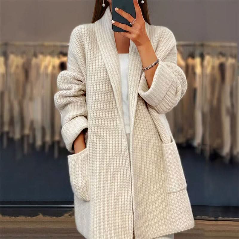 Women's chunky ribbed longline cardigan with shawl collar and front pockets
