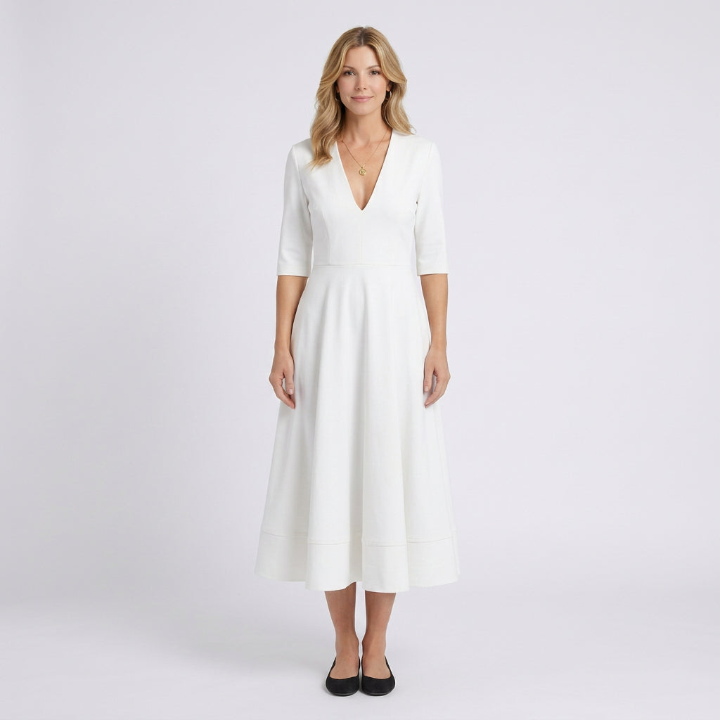 Women’s Midi Dress V Neck Fit and Flare – Short Sleeve Occasion Dress