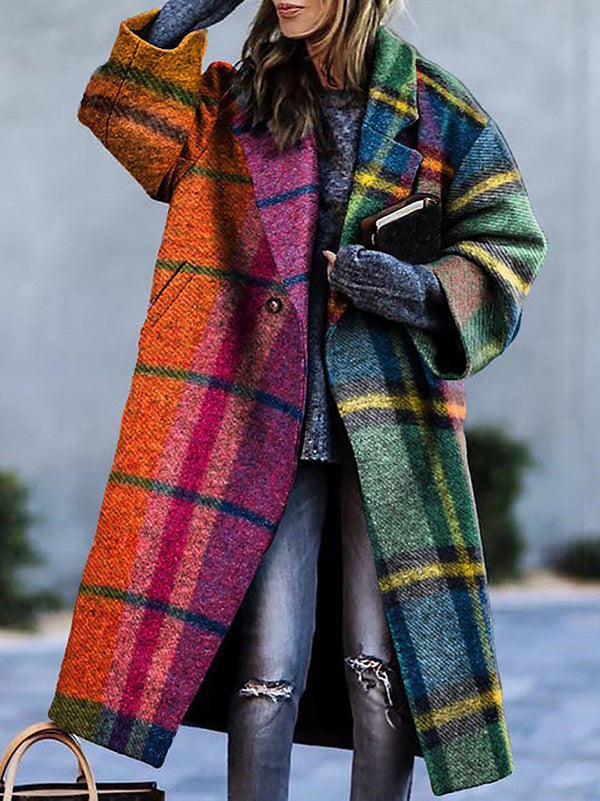 Women's multicolor plaid longline coat with notched lapel and button front