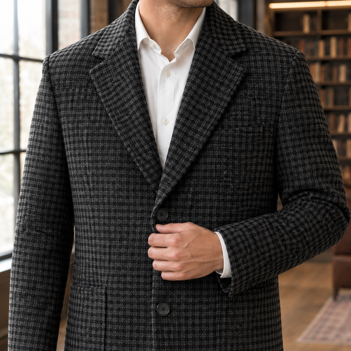Men's Wool Blend Houndstooth Notch Lapel Coat