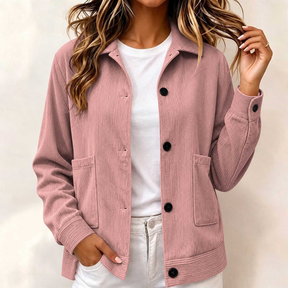 Women's Corduroy Button-Up Jacket with Patch Pockets
