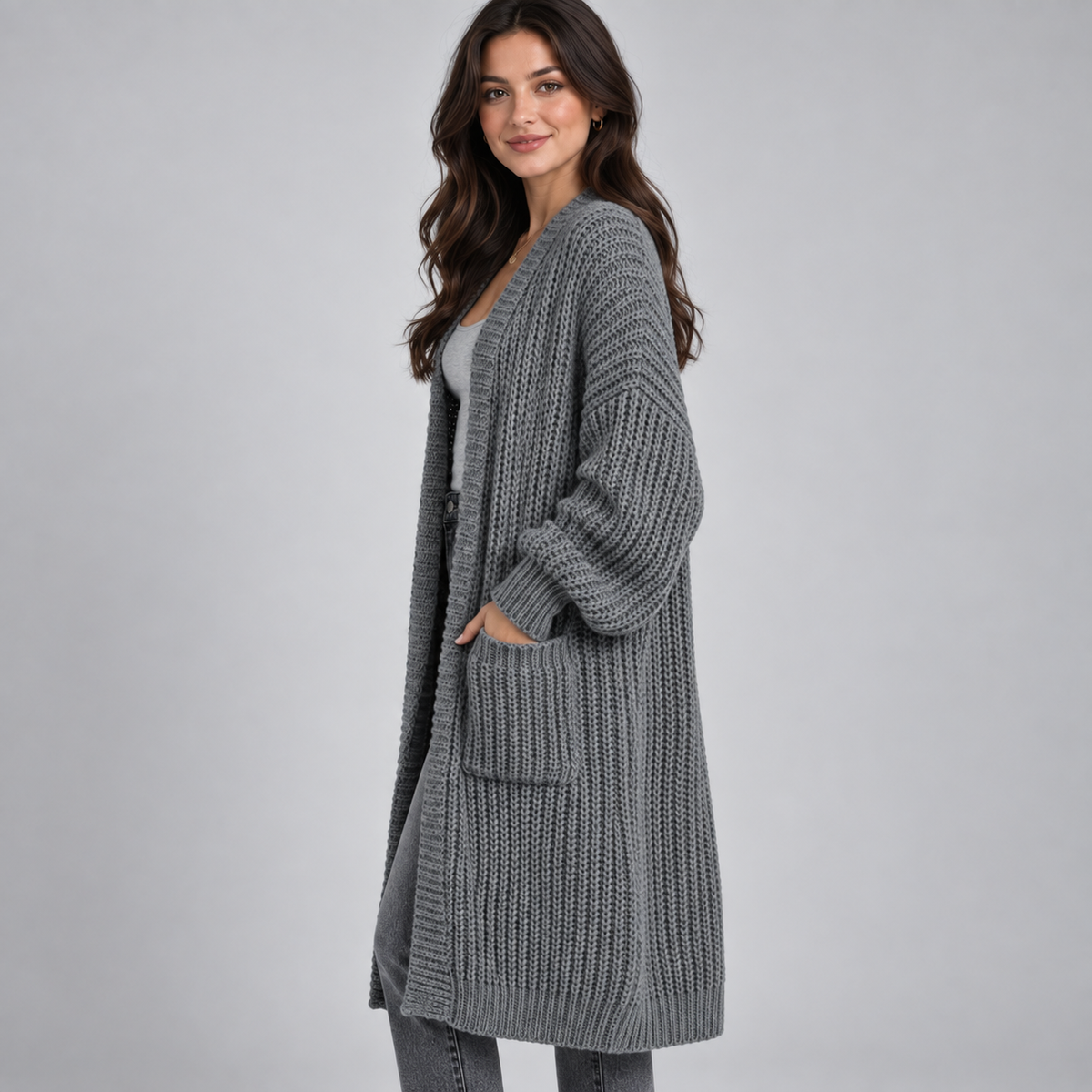 Women's Longline Chunky Knit Open Cardigan