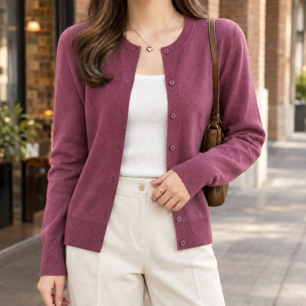 Women's Fitted Crew Neck Button-Front Cardigan