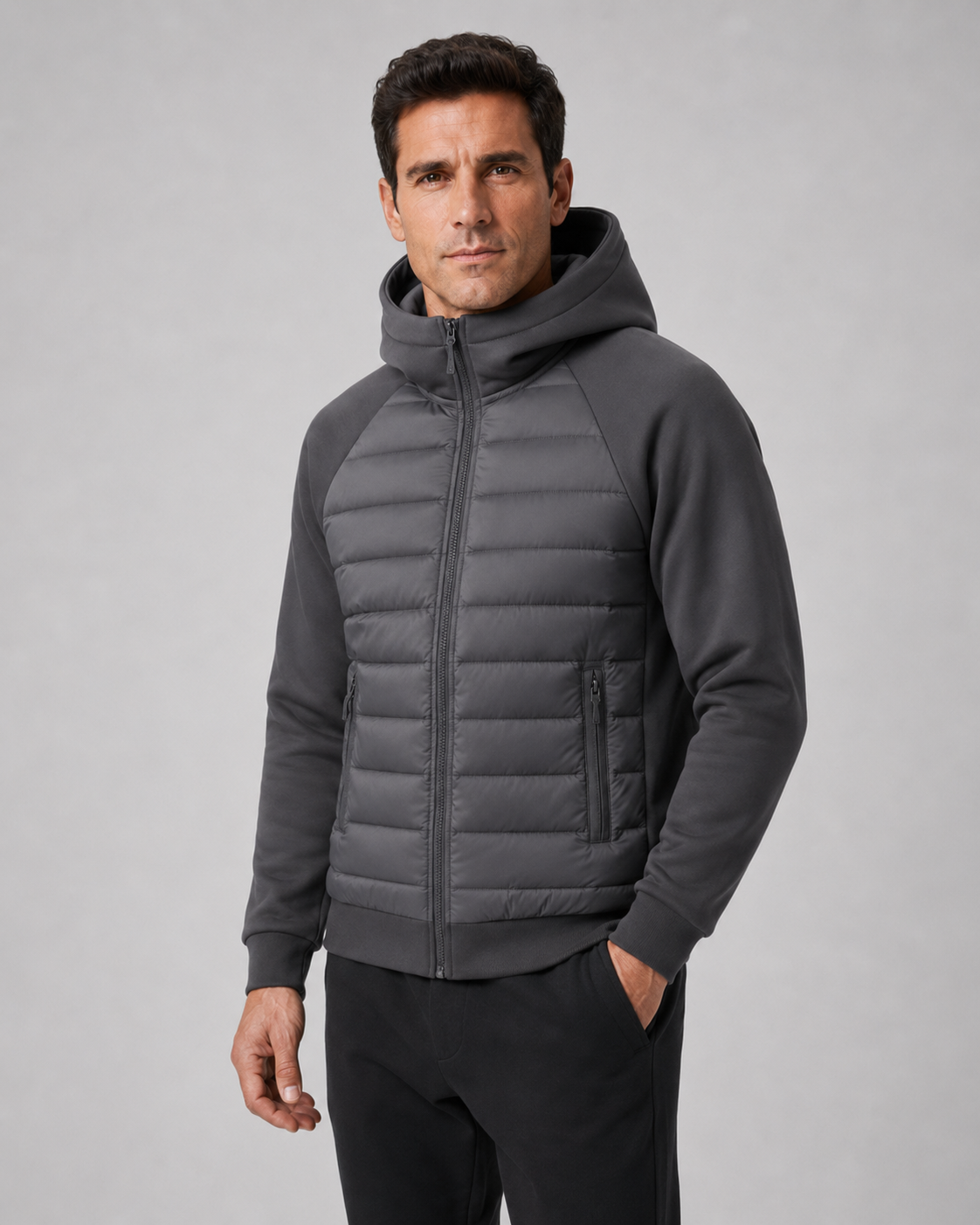 Men's quilted hooded zip jacket with long sleeves and front zip pockets