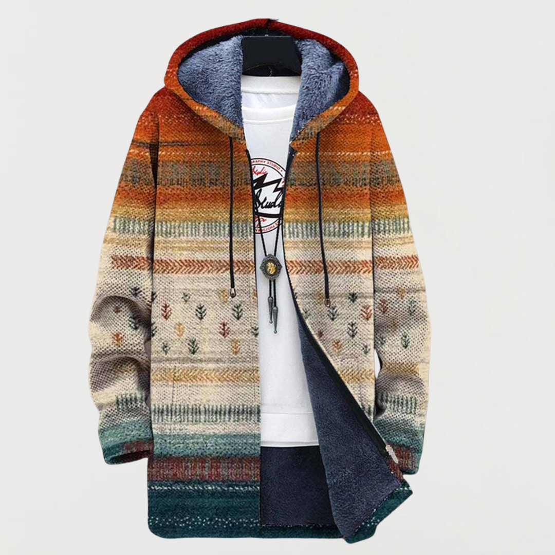 Manteau long à capuche, imprimé ethnique et doublure polaire pour homme