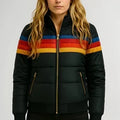 Women's striped colour block hooded puffer jacket with long sleeves and zip pockets