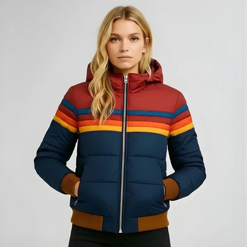 Women's striped colour block hooded puffer jacket with long sleeves and zip pockets