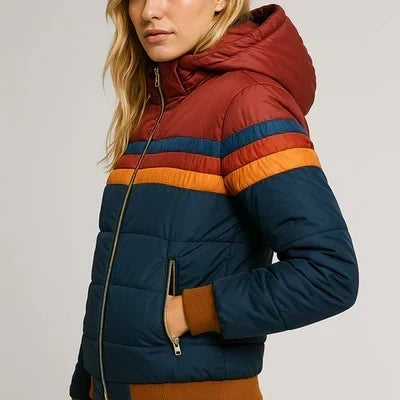 Women's striped colour block hooded puffer jacket with long sleeves and zip pockets