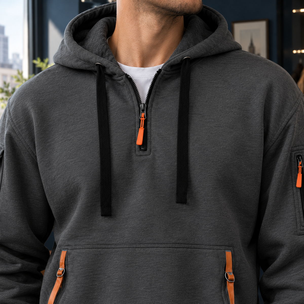 Men's Utility Half-Zip Hoodie with Pocket Detailing