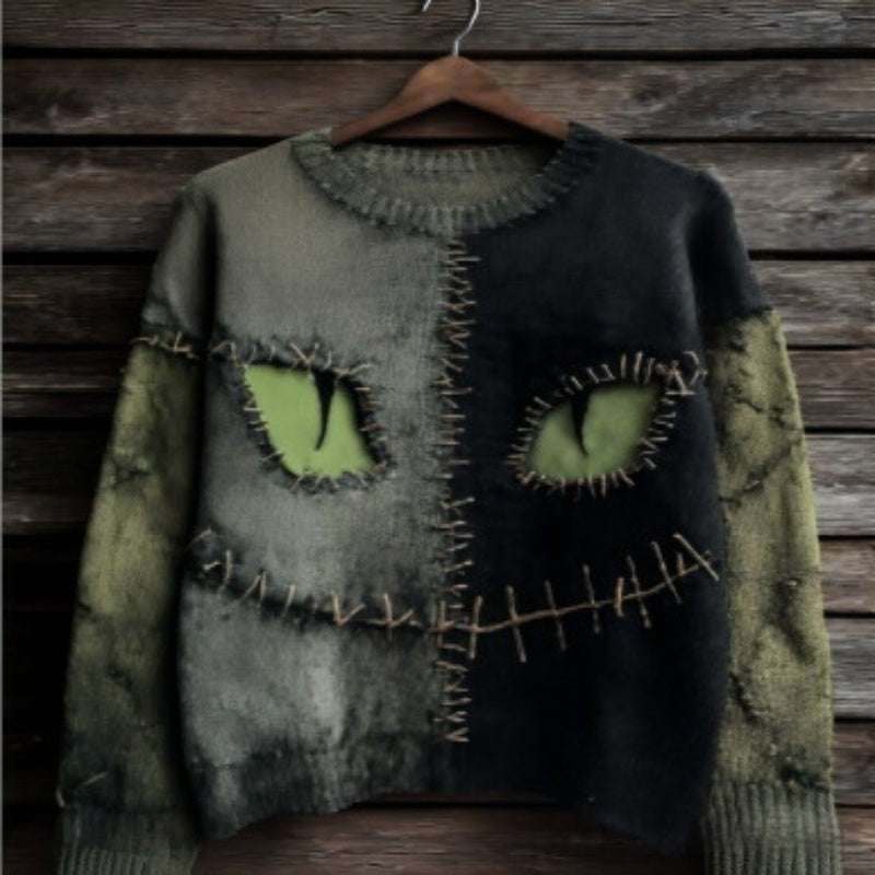 Women's color block sweater with cat motifs, distressed edges and stitched panel details