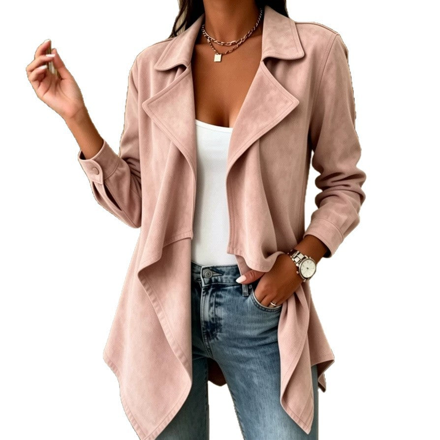 Women's open front waterfall jacket with wide lapels and long sleeves