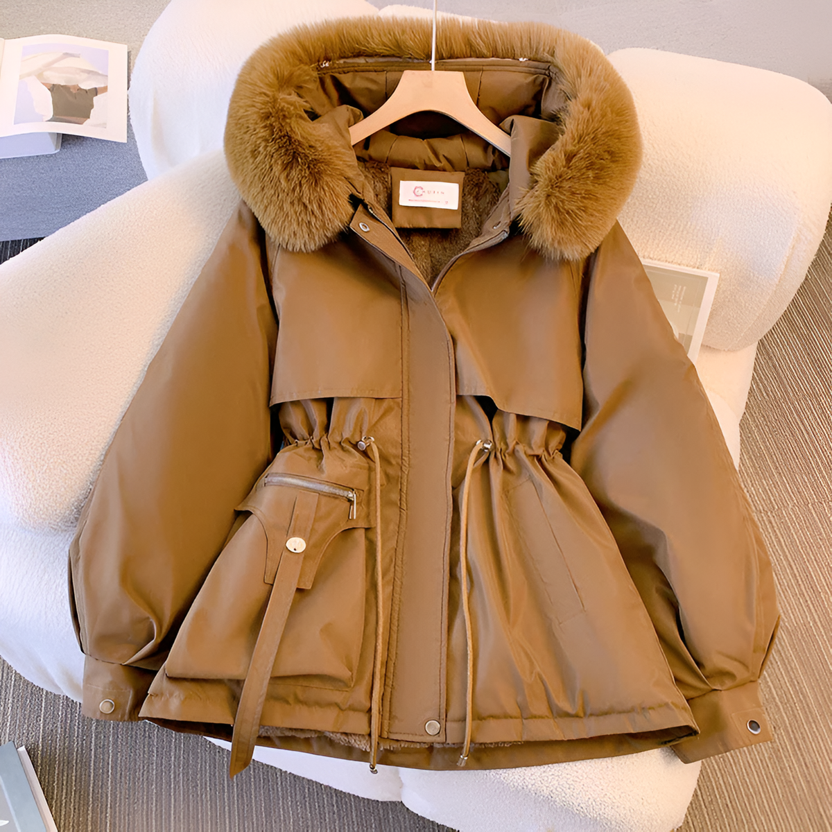 Women's Faux Fur Hood Fleece-Lined Drawstring Parka